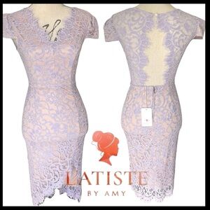 NWT L'Atiste by Amy Lavender Lace V-Neck Cap Sleeve Open Back Dress (XS/S)